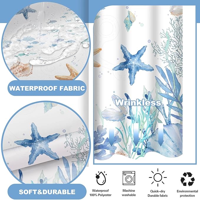 No Hook Shower Curtain with Snap in Liner, Beach Ocean Nautical Coastal Shower - Image 4