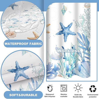 No Hook Shower Curtain with Snap in Liner, Beach Ocean Nautical Coastal Shower - Image 4