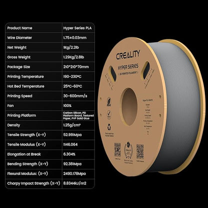 Creality Hyper 3D Printer PLA Gray Filament High Speed Printing 1.75mm 2.2lbs - Image 6
