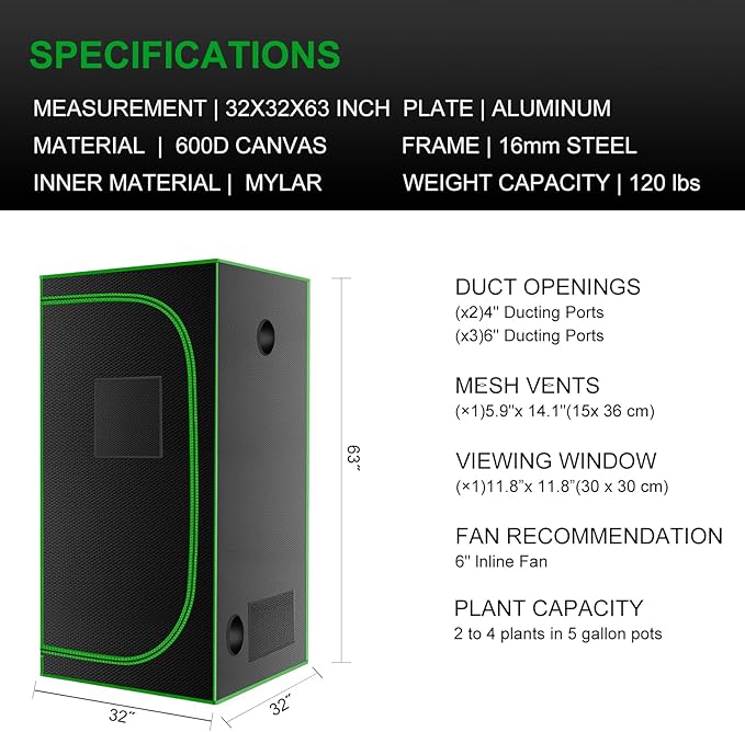 MELONFARM 32"x32"x63'' Grow Tent, High Reflective 600D Diamond Mylar Canvas - Image 7