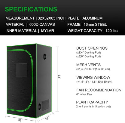 MELONFARM 32"x32"x63'' Grow Tent, High Reflective 600D Diamond Mylar Canvas - Image 7