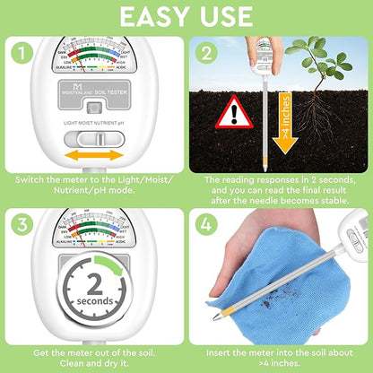 Soil Moisture Meter, 4-in-1 Soil pH Tester, Moisture/Light/Nutrients/pH Meter - Image 8