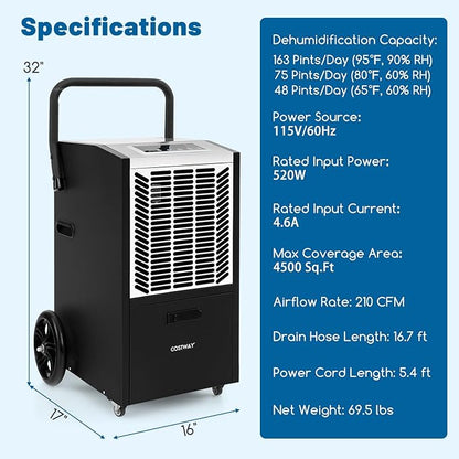 COSTWAY 163 Pints Commercial Dehumidifier, 4500 Sq.Ft Crawl Space Dehumidifier - Image 7