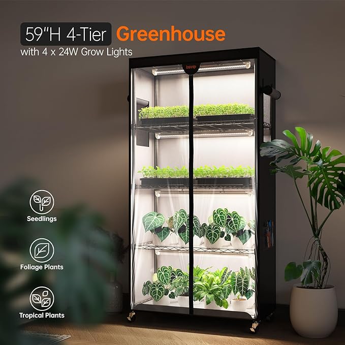 Bstrip Indoor Greenhouse with Grow Light, Plant Stand with 4 Pack 24W Full - Image 3