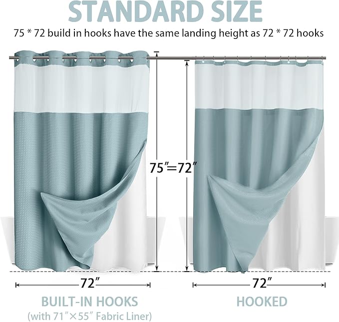 No Hook Shower Curtain and Liner Set, Cyan Hotel Waffle Shower Curtain - Image 6