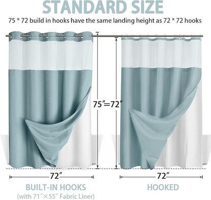 No Hook Shower Curtain and Liner Set, Cyan Hotel Waffle Shower Curtain - Image 6