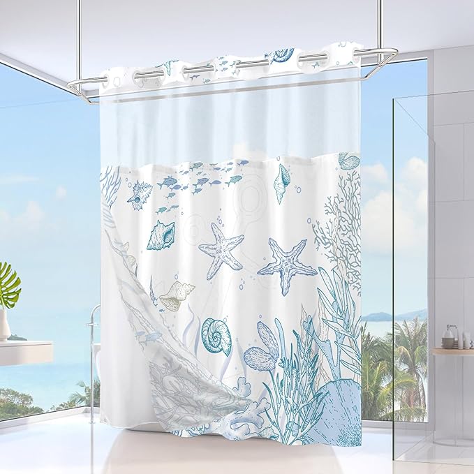 No Hook Shower Curtain with Snap in Liner, Beach Ocean Nautical Coastal Shower - Image 2