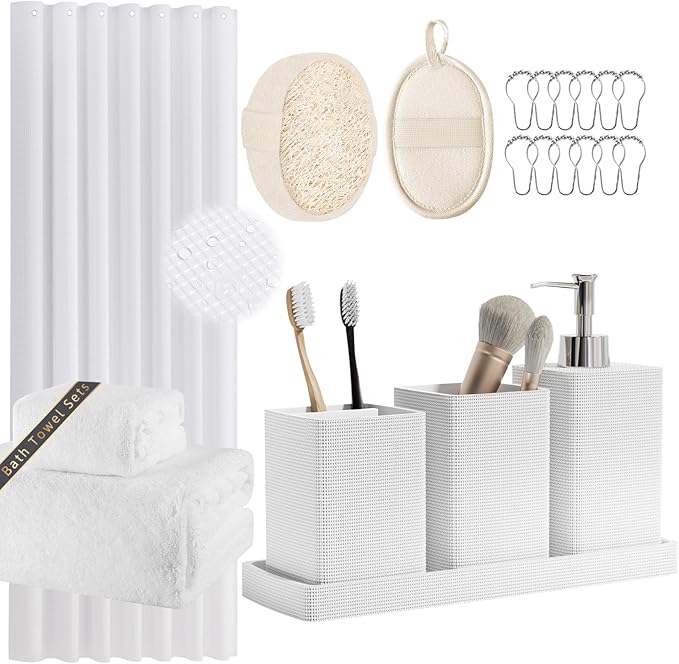 Resin White Bathroom Set, Bath Towel Set, Natural Loofah Sponge, Soap Dispenser by LetUsMakeHomeYourFavoriteDestination