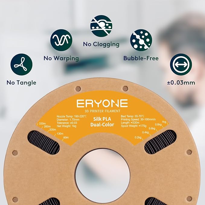 ERYONE Silk Dual Color PLA Filament 3D Printer 1.75mm +/- 0.03mm, Bicolor - Image 4