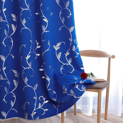 BUHUA Royal Blue Foil Print Flower Vine Design Grommet Curtains Thermal - Image 2