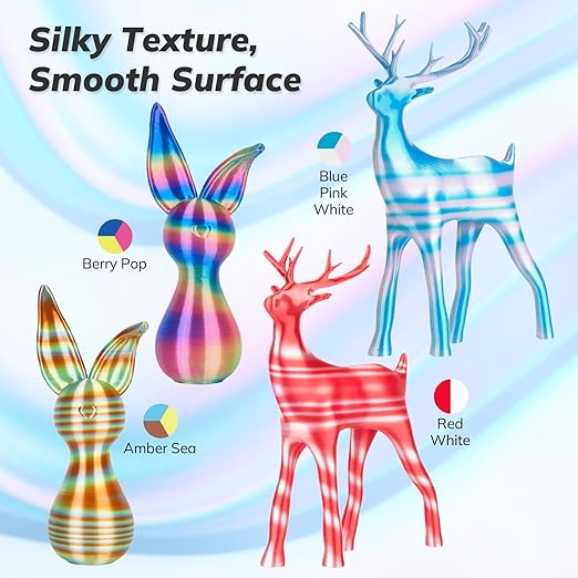 AMOLEN Silk 3D Printer Filament PLA Bundle, Shiny Multicolor Rainbow Filament - Image 2