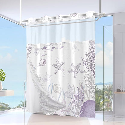 No Hook Shower Curtain with Snap in Liner, Beach Ocean Nautical Coastal Shower - Image 2