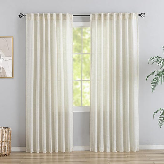 Ivory Natural Linen Blend Back Tab Curtains 90 Inches Long -2 Panels Set by DONREN