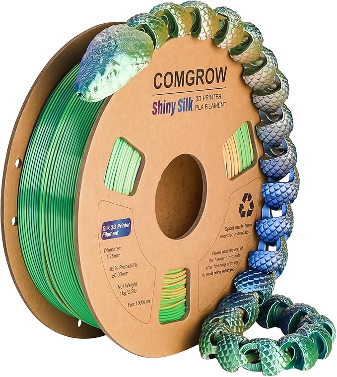 Comgrow Tri-Colors Silk PLA 3D Printer Filament, Rainbow PLA Filament 1.75mm by Comgrow