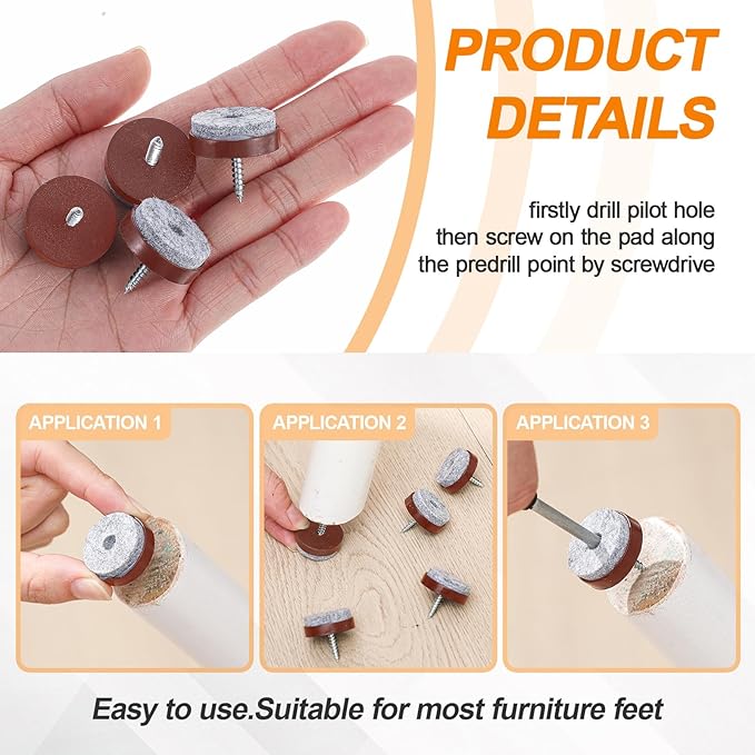 60 Pcs Brown Screw on Furniture Felt Pads Kit, 0.8 Inch Non Slip Furniture Pads - Image 4