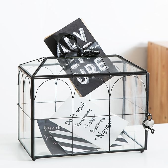 Wedding Card Box with Slot, 10.2'' Large Black Glass Card Boxes by Unknown