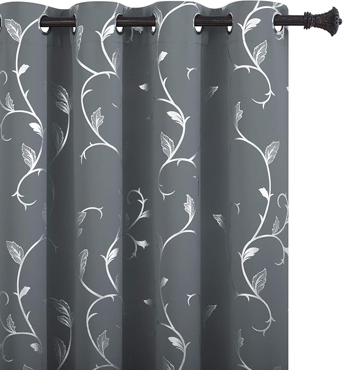 BUHUA Kids Room Darkening Curtains Silver Floral Print Blackout Curtains by BUHUA