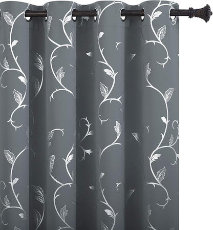 BUHUA Kids Room Darkening Curtains Silver Floral Print Blackout Curtains by BUHUA