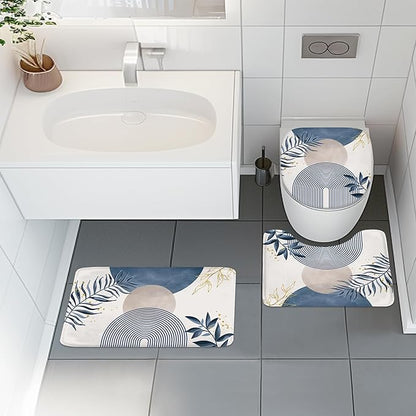 4 PCS Navy Blue Gray Boho 72Wx72H Shower Curtain Set Modern Mid Century Plant - Image 2