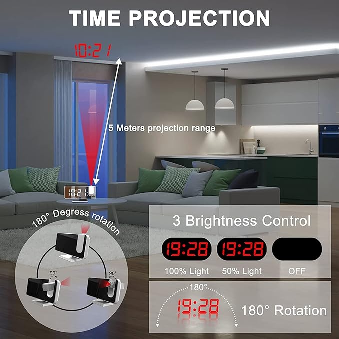 Projection Digital Alarm Clock for Bedrooms, Clock Radio on Ceiling, USB - Image 2