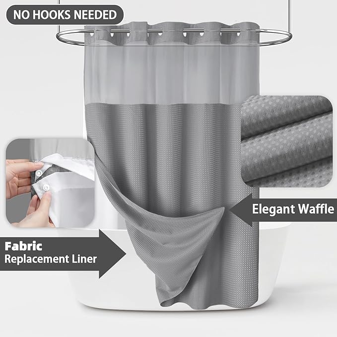 Grey Shower Curtain and Liner Set, 230GSM Waffle Weave Textured Heavy Duty - Image 5