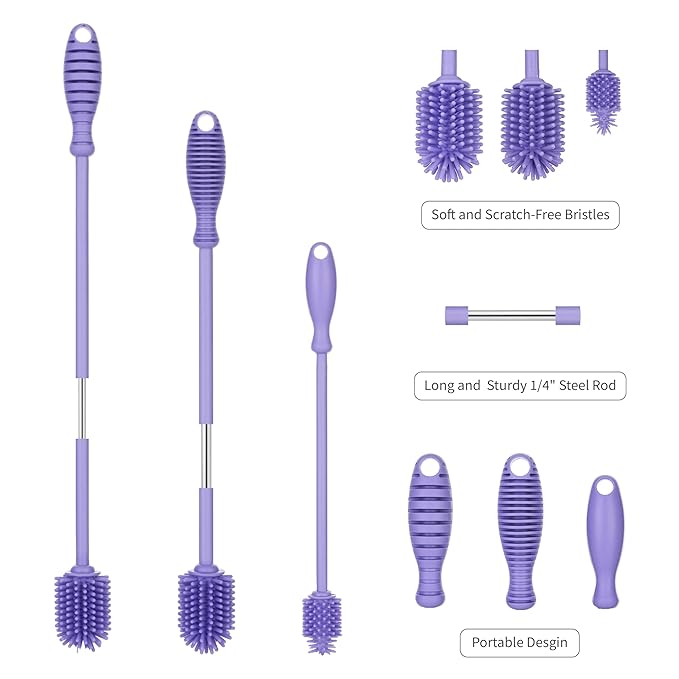 A-Brush Silicone Bottle Cleaner Brush, 3 Piece Set, Long Handle - Image 3