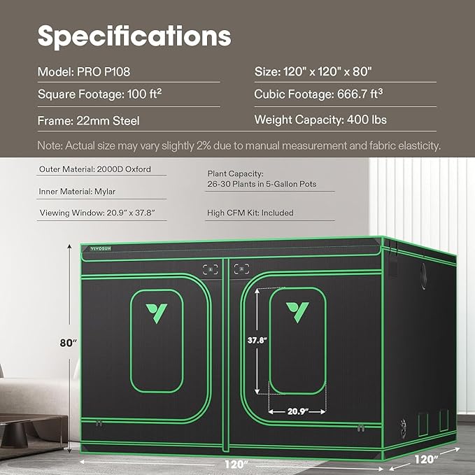VIVOSUN P108 120"×120"×80" PRO Grow Tent 10x10 ft, - Image 9