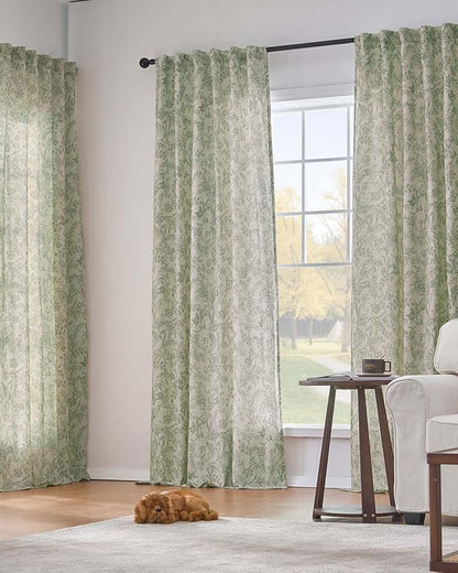 Vangao Lined Linen Curtains for Bedroom Floral Curtains 84 Inches Long Green - Image 5