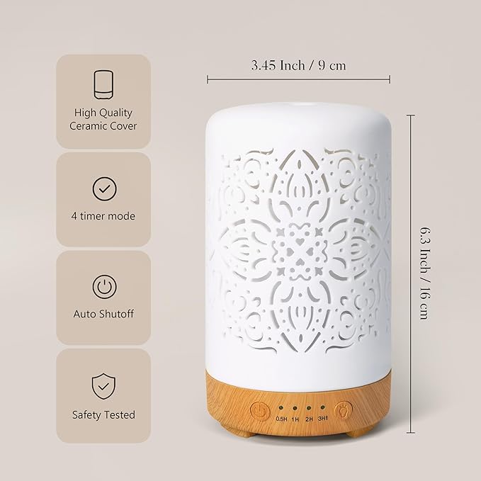 Earnest Living Essential Oil Diffuser White Ceramic Diffuser 100 ml Timers - Image 3