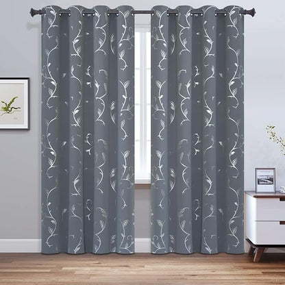 BUHUA Kids Room Darkening Curtains Silver Floral Print Blackout Curtains - Image 2