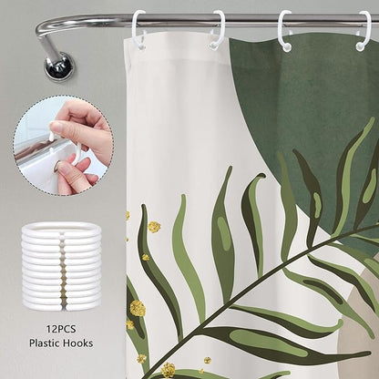 Green Boho Mid Century Shower Curtain 72Wx72H Abstract Gold Leaves Grey Modern - Image 4