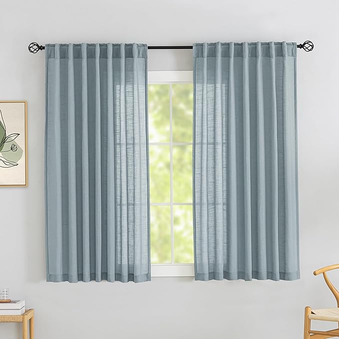 Stone Blue Linen Back Tab Curtains 64 Inches Long 2 Panels Set by DONREN