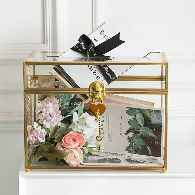 Glass Wedding Card Box with Slot, 10.2 inch Clear Card Box Gold Brass Gift Card - Image 2