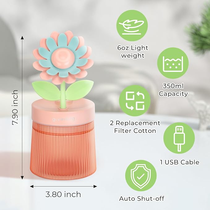 Cute Flower Mini Humidifier, 260ml Sunflower Portable Small Humidifier - Image 5