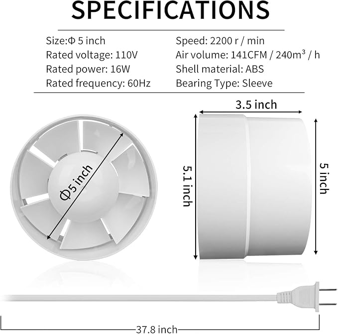 HUGOOME Inline Duct Fan 5 Inch Vent Booster, HVAC Exhaust Intake Fans 141 CFM - Image 3