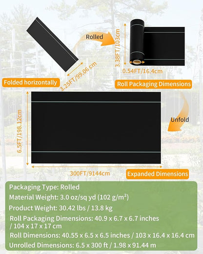 6.5ftx300ft Weed Barrier Landscape Fabric Heavy Duty, Premium 3OZ Garden - Image 2
