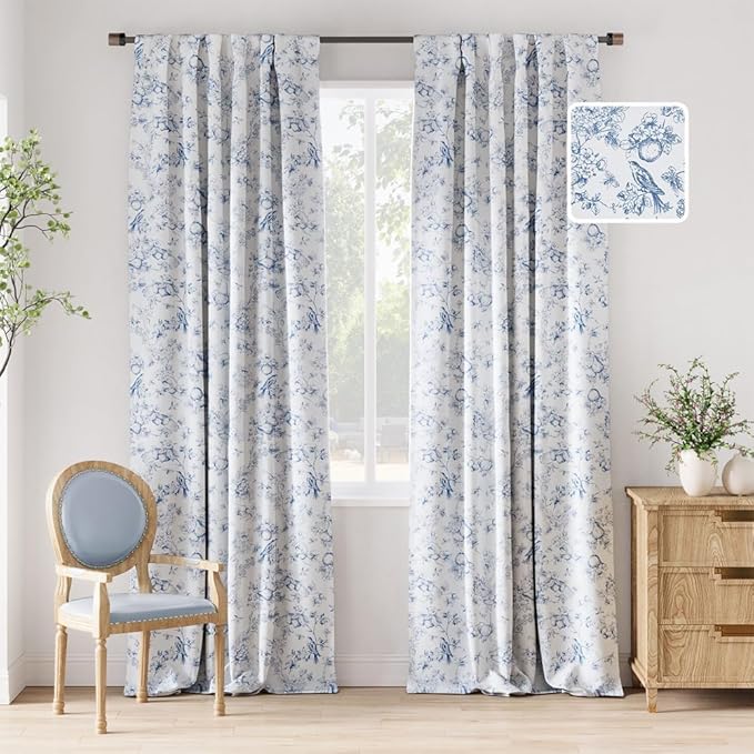 jinchan 95% Blackout Floral Curtains 96 Inches Long, Printed Flower Blue by JINCHAN