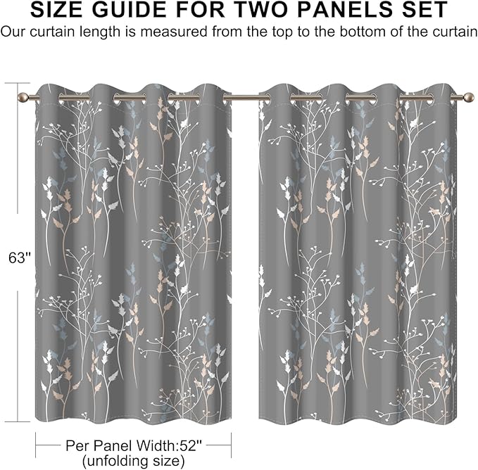 Gray-Blue Leaves Blackout Curtains 63 Inch Length, Room Darkening Curtains - Image 8