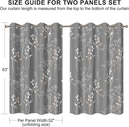 Gray-Blue Leaves Blackout Curtains 63 Inch Length, Room Darkening Curtains - Image 8
