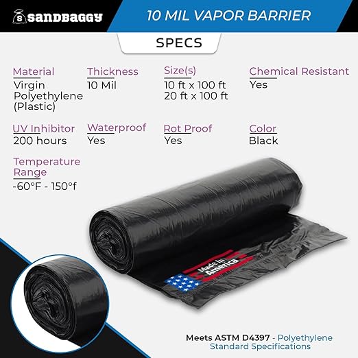 Sandbaggy 10 ft x 100 ft Vapor Barrier 10 Mil | Polyethylene | Black Plastic - Image 2
