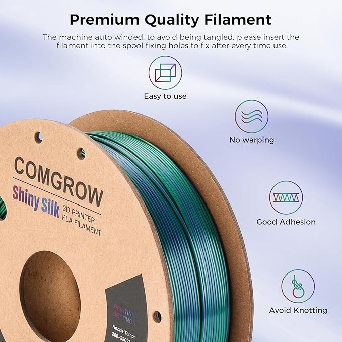 Comgrow Tri-Colors Silk PLA 3D Printer Filament, Rainbow PLA Filament 1.75mm - Image 3