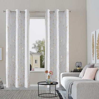 BUHUA Blackout Curtains Gold Foil Print Flower Vine Grommet Drapes, Room - Image 5