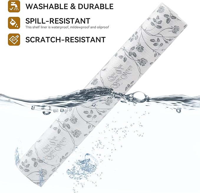 RAY STAR Shelf Liner, Non Adhesive Wisteria Grey Floral Kitchen Cabinet Liner - Image 2