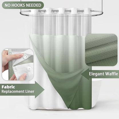 No Hook Shower Curtain and Liner Set, Ombre Green Hotel Waffle Shower Curtain - Image 2