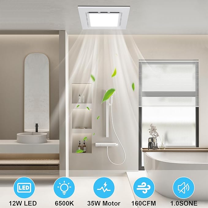 12" Bathroom Exhaust Fan with Light Ultra Quiet Ventilation Fan Combo 1.0 Sone - Image 6