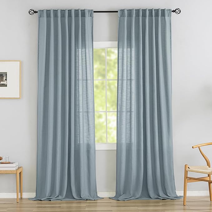 Stone Blue Linen Back Tab Curtains 120 Inches Extra Long Ceiling to Floor by DONREN