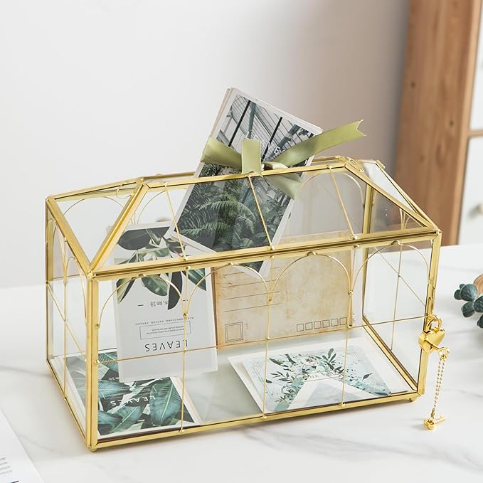 Glass Wedding Card Box with Slot, 12.5'' Large Clear Card Box Gold Brass Gift - Image 3