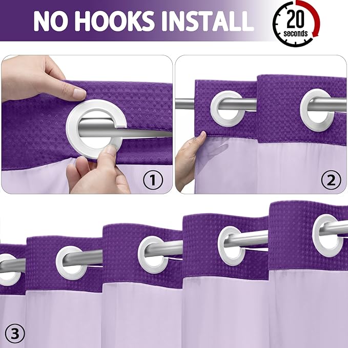 No Hook Shower Curtain and Liner Set, Deep Purple Hotel Waffle Shower Curtain - Image 2