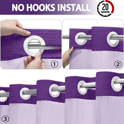 No Hook Shower Curtain and Liner Set, Deep Purple Hotel Waffle Shower Curtain - Image 2