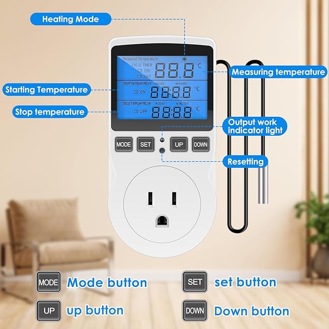 Digital Temperature Controller, 1800W 15A/120V Safe Thermostat Timer Outlet - Image 4